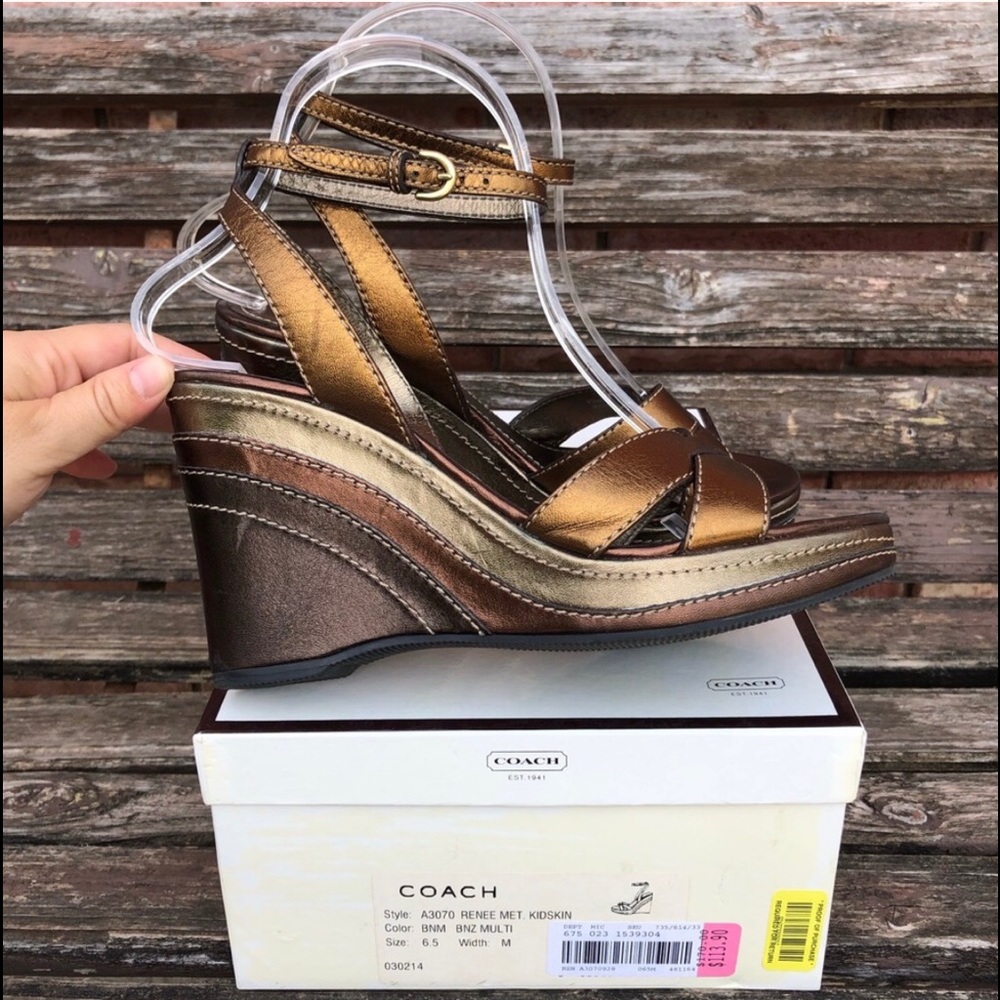 Coach Renee Kidskin bronze wedge heels